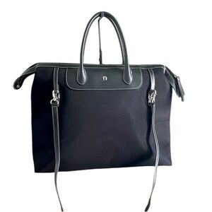 Etienne Aigner Black Travel Bag.Double Handles.Long Strap.Nylon & Vegan Leather